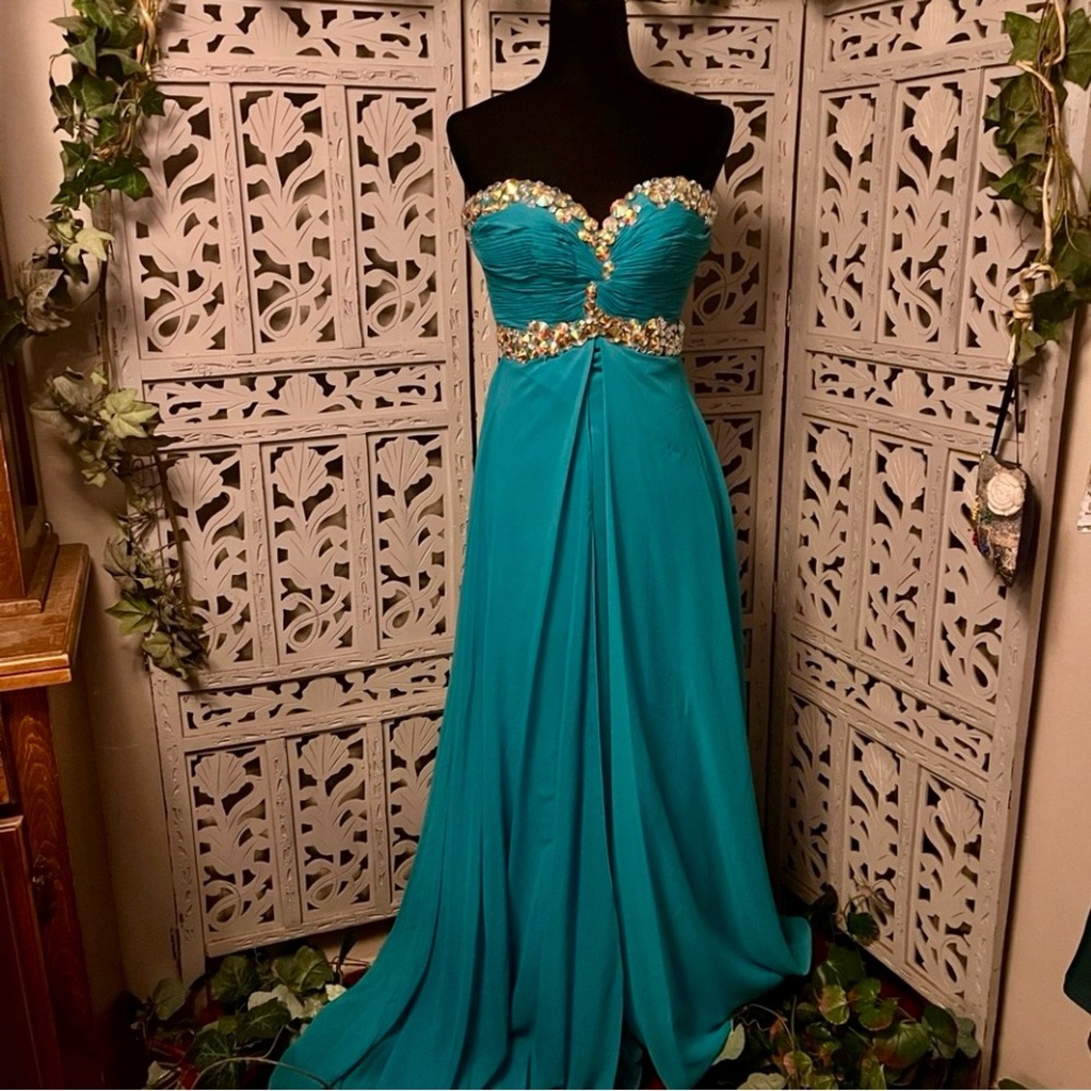 BLUSH PROM JAZZY JEWELS TURQUOISE GREEN STRAPLESS MAXI FORMAL PROM DRESS GOWN